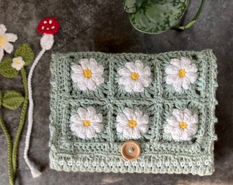 Set 100% Cotton Puffy White Daisy Flower Book Sleeve with Wood Button/Bookmark Spring Crochet Hobo Multicolor Handmade Cozy clutch bag pouch