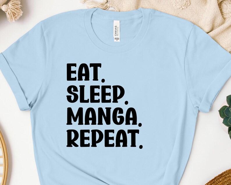 Camiseta de manga Eat Sleep Repeat, sudadera de manga, sudadera con capucha de manga, regalo para amantes del manga, cuello redondo otaku, camiseta para fanáticos de los cómics japoneses imagen 5