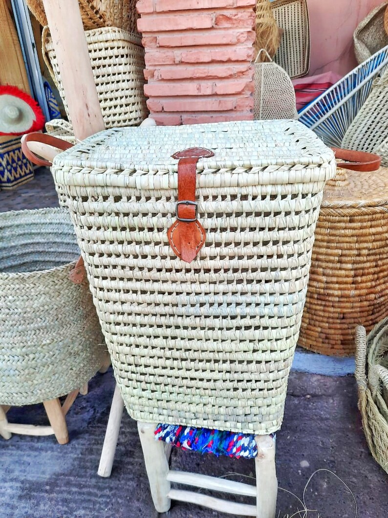 Laundry Basket With Leather Handles / Wicker Laundry Hamper / Etsy