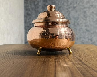 Handmade Hammered Copper Sugar Bowl with Brass Legs
