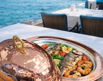 Copper serving plate, decorative plates, serving tray, dining platter, kitchen decoration, fish chips serving, restaurant food presentation