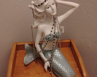 Mermaid Sculpture|Flowing Hair|Jewel Chain Accent