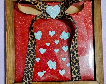 Animal Print Bow | Sparkling Glitter Hearts | Red Glitter | Wooden Frame | Wall Decor