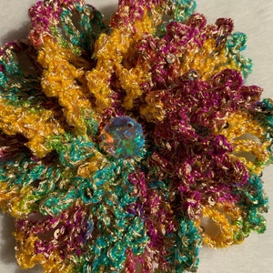 Yellow colors with gold sequins crochet flower hair clip, crochet hair clip, multicolored crochet flower with crystal stone