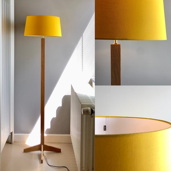 Lampadaire, lampe sur pied avec abat-jour en tissu jaune poussin. Pied en chêne. D'apparence ancienne. Design scandinave. Plusieurs couleurs possibles !