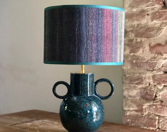 Special table lamp made of jade green jug, one of a kind, striped shade. Exclusive design.