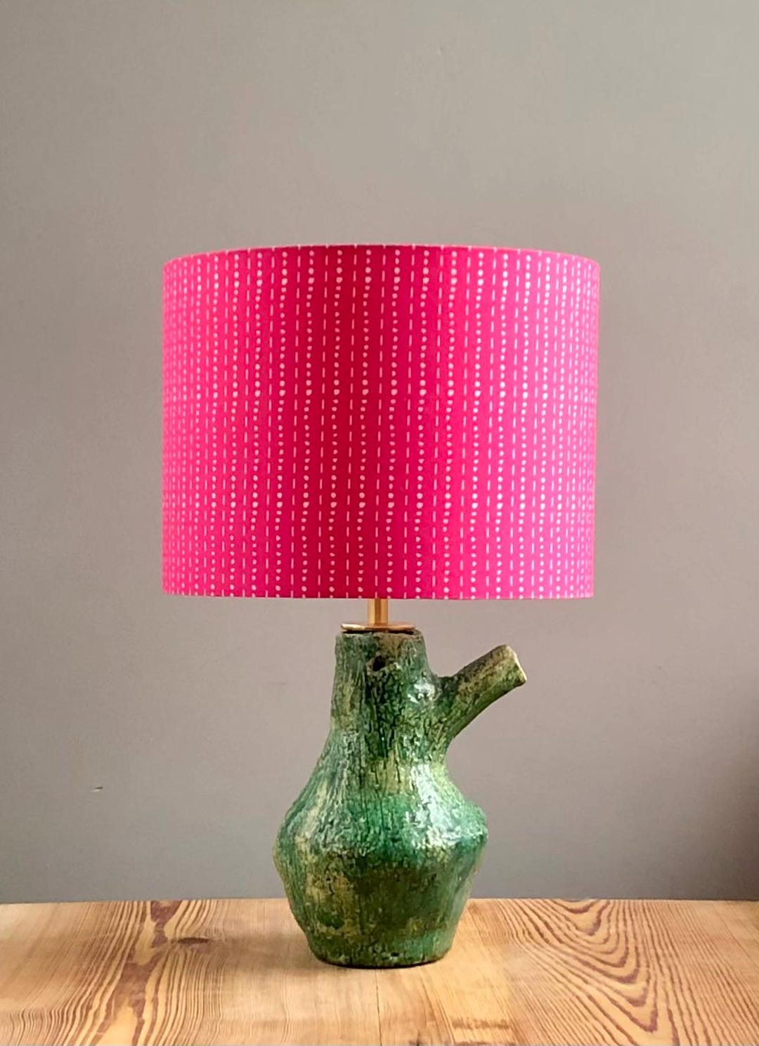Funky Table Lamp Made From a Handmade Green Jar. Fuchsia Lampshade ...