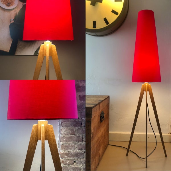 Lampadaire en rouge. Quatre pieds en chêne. Design unique! Style rétro. Attire l'attention. Plusieurs couleurs possibles. Demander!