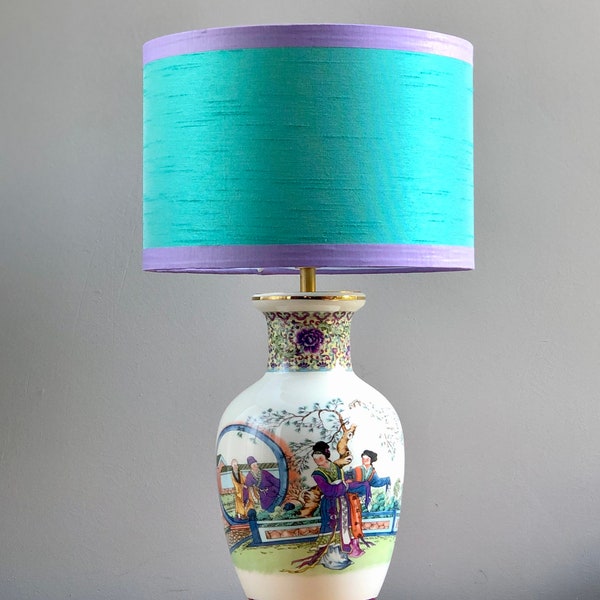 Lámpara de mesa con escena china y pantalla con tela similar a la seda en color aguamarina, adornada con adornos lilas