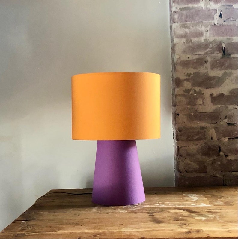 Table lamp made entirely of lampshade material in caramel and lilac. Colorful and handmade. Many combinations possible. Ask image 2