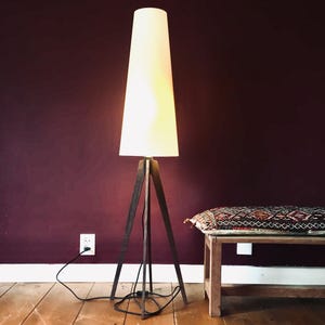 Può includere: Una lampada da terra alta, con un paralume conico color crema. La lampada ha una base a treppiede in legno scuro. È posizionata davanti a una parete rosso scuro. L'altezza della lampada è di circa 150 cm.