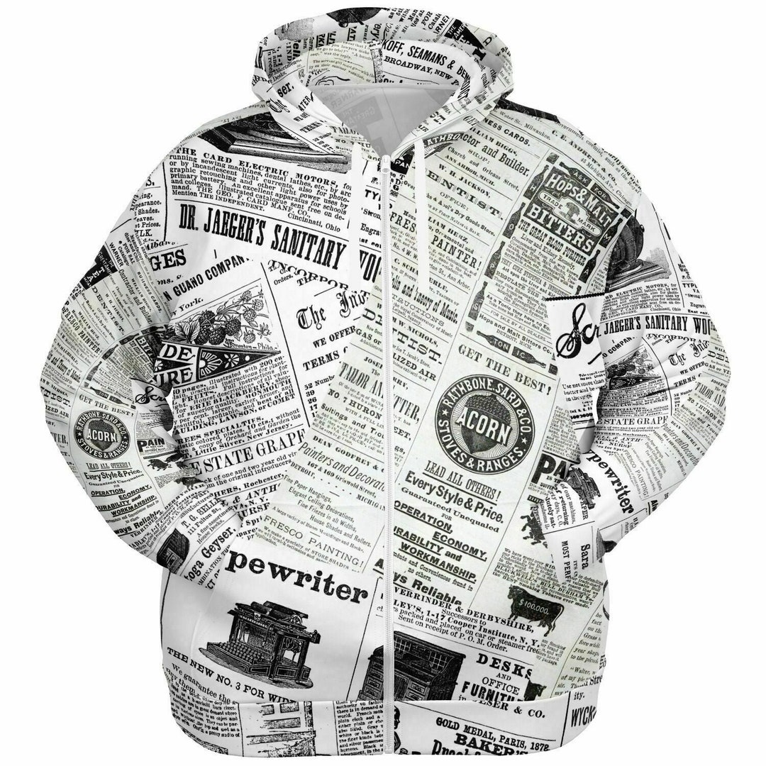 Vintage Newspaper Print Plus Size Zipup Hoodie Etsy