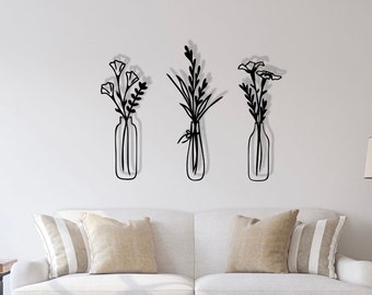 3er-Set | Blumenvasen | Line Art | filigran | Blumenstrauß | Blumen | Wanddekoration | 3D | Fensterdeko | Holz | Holzvasen