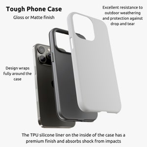 May include: A tough phone case with a glossy or matte finish. The case is designed to wrap fully around the phone and protect it from drops and scratches. The case has a TPU silicone liner that absorbs shock from impacts.