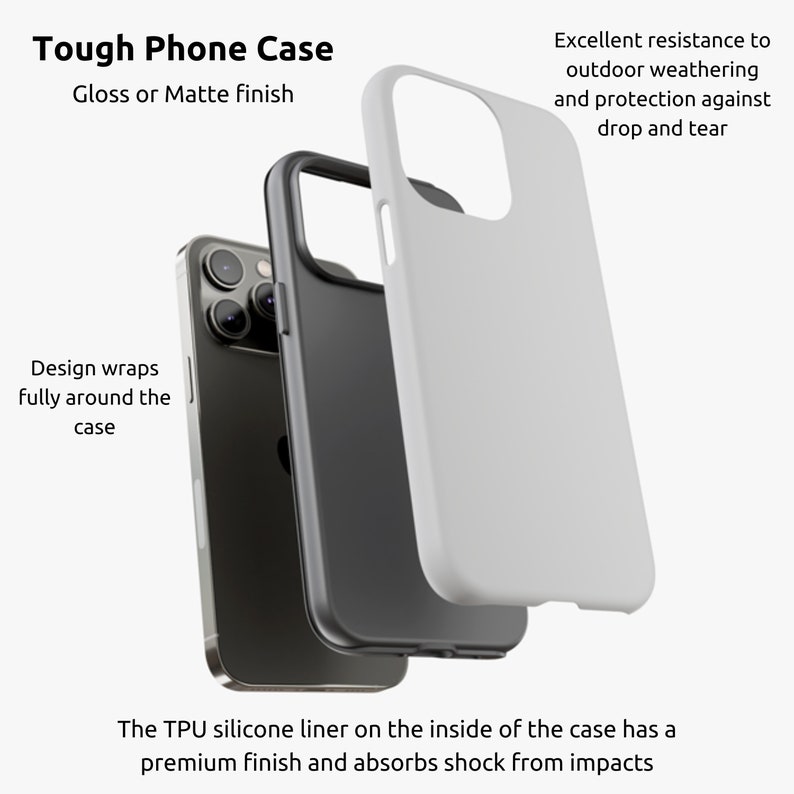 May include: A tough phone case with a glossy or matte finish. The case is designed to wrap fully around the phone and protect it from drops and scratches. The case has a TPU silicone liner that absorbs shock from impacts.