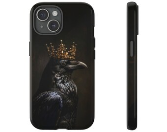 May include: A black phone case with a raven wearing a gold crown. The raven is facing the right side of the image. The background is dark.