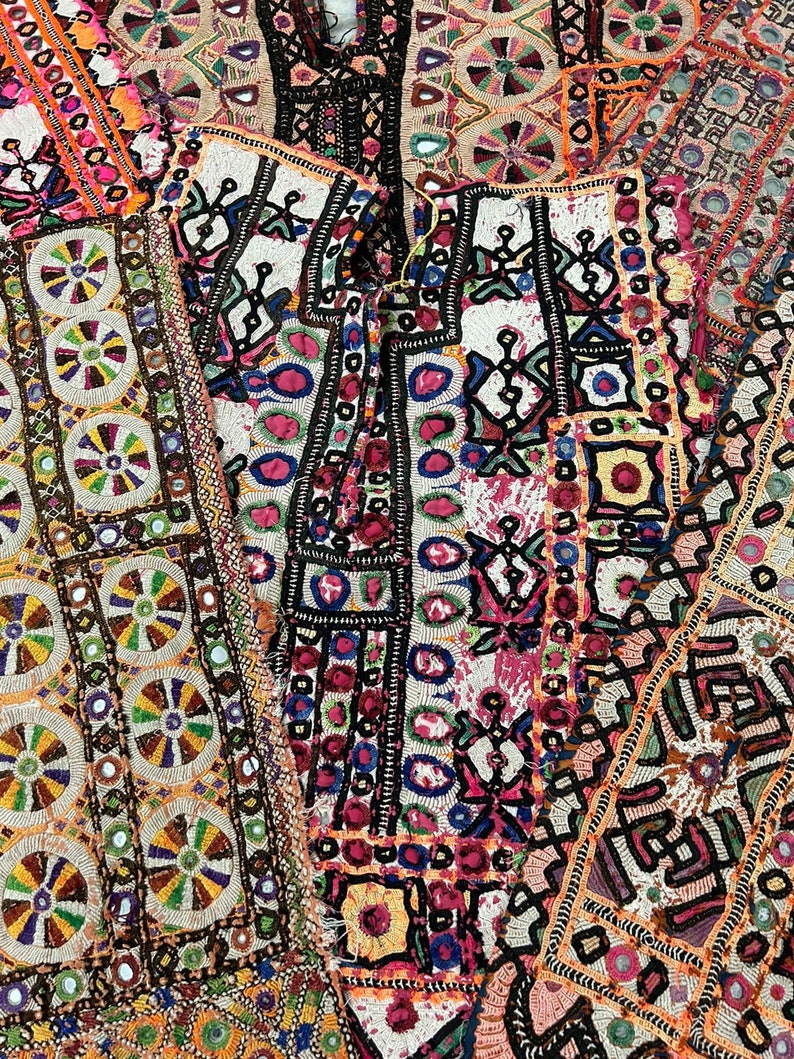 100 Piece Lot Vintage Kuchi Banjara Yoke Neck, Mirror Work Hand Embroidery, Patch Traditional Handmade Patches, Multi Color Bohemian Art image 8