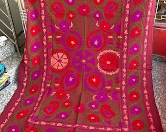 Uzbek Cotton Suzani Throw, Blanket, Hand Embroidery, Bedsheet, Bedspread Suzani Embroidery, Tapestry, Colourful Suzani Wall Hanging