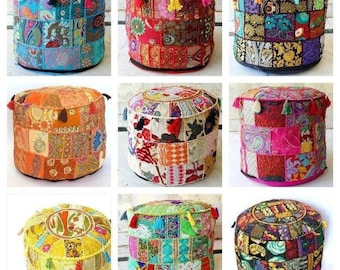 Indian Vintage Patchwork Seating Pouf Floor Pillow Cover Handmade Hand Embroidered Footstool Pouf Ottoman Boho Bohemian Decor Room