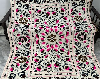 Uzbekistan Cotton Suzani Throw, Blanket, Hand Embroidery, Bedsheet, Bedspread Suzani Embroidery, Tapestry, Colourful Suzani Wall Hanging,