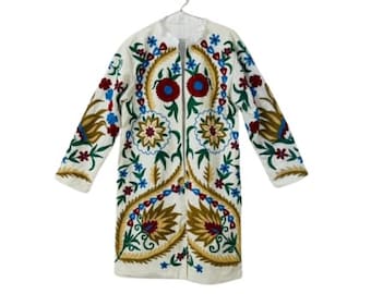 Suzani Embroidery Jacket & Coat/ Suzani Festival Jacket/ Boho Style fashion Cost/ Special Love Gift/ Cotton Quilted Suzani Jacket +Free Gift