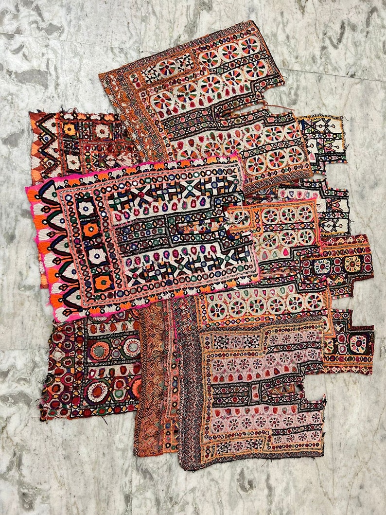 100 Piece Lot Vintage Kuchi Banjara Yoke Neck, Mirror Work Hand Embroidery, Patch Traditional Handmade Patches, Multi Color Bohemian Art image 3