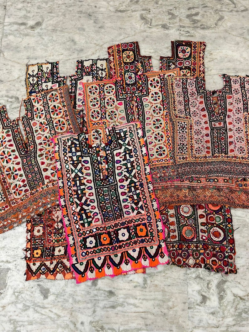 100 Piece Lot Vintage Kuchi Banjara Yoke Neck, Mirror Work Hand Embroidery, Patch Traditional Handmade Patches, Multi Color Bohemian Art image 1