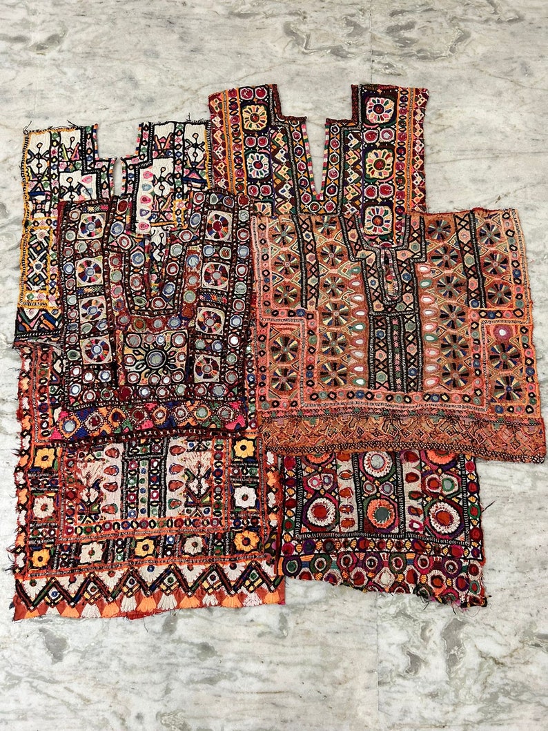 100 Piece Lot Vintage Kuchi Banjara Yoke Neck, Mirror Work Hand Embroidery, Patch Traditional Handmade Patches, Multi Color Bohemian Art image 2