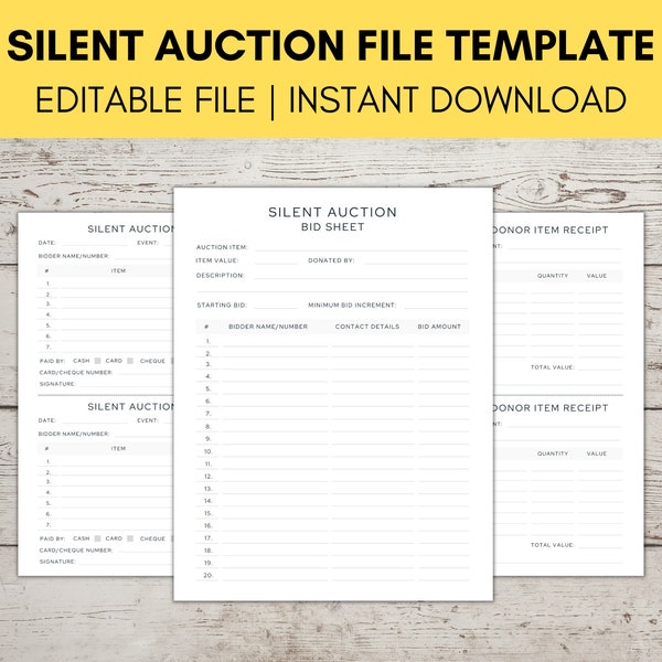 Silent Auction Form Bid Sheet | Printable Bundle | Editable File | Auction Bidding Sheet | Donor Receipt | Charity fundraiser event form