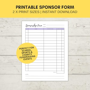 Sponsorship Form | Printable Fundraiser Form | Charity Fundraiser Donation List | Sponsor Template | Event Sponsors Form | Instant Download