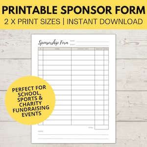 Sponsorship Form | Printable Fundraiser Form | Charity Fundraiser Donation List | Sponsor Template | Event Sponsor Form | Instant Download