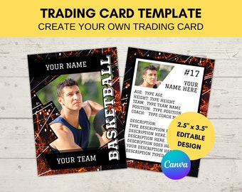 May include: A basketball trading card template with a black and orange background. The template features a place for a photo, player name, team name, and other information. The text "#17 YOUR NAME HERE" is at the top of the card. The text "2.5" x 3.5" EDITABLE DESIGN" is at the bottom of the card.