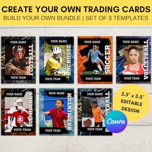 Set di 3 modelli di carte sportive | Carta collezionabile personalizzata stampabile | Crea la tua carta collezionabile | Pacchetto di download digitale Canva modificabile (V1)