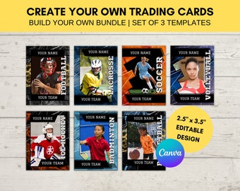 May include: Set of 9 customizable trading cards featuring different sports, including football, lacrosse, soccer, ice hockey, badminton, and volleyball. Each card has a black and orange background with a white border and space for a player's name and team name. The cards are 2.5 inches by 3.5 inches.