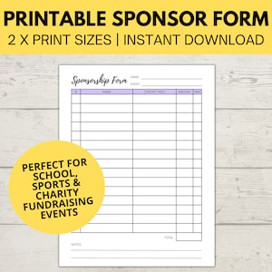 Formulario de patrocinio | Formulario de recaudación de fondos imprimible | Lista de donaciones para recaudar fondos para organizaciones benéficas | Plantilla de patrocinador | Formulario de patrocinadores de eventos | Descarga instantánea