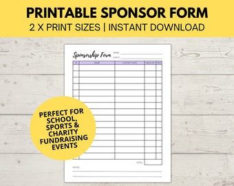 Sponsorship Form | Printable Fundraiser Form | Charity Fundraiser Donation List | Sponsor Template | Event Sponsor Form | Instant Download