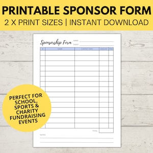 Sponsorship Form | Printable Fundraiser Form | Charity Fundraiser Donation List | Sponsor Template | Event Sponsor Form | Instant Download