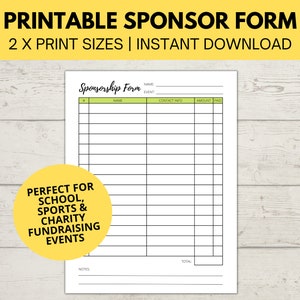 Sponsorship Form | Printable Fundraiser Form | Charity Fundraiser Donation List | Sponsor Template | Event Sponsor Form | Instant Download