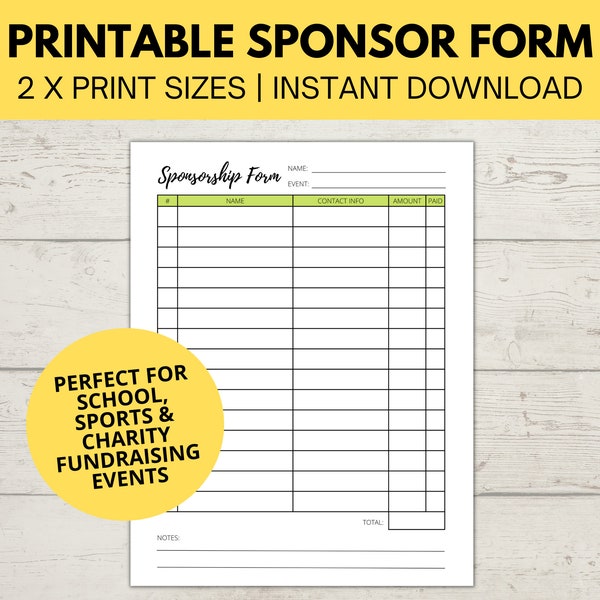 Sponsorship Form | Printable Fundraiser Form | Charity Fundraiser Donation List | Sponsor Template | Event Sponsor Form | Instant Download