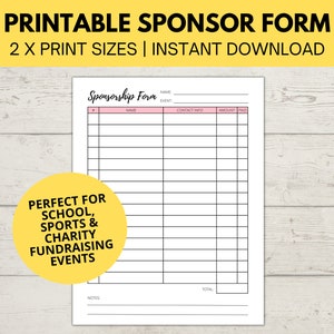 Sponsorformulier | Afdrukbaar inzamelingsformulier | Donatielijst liefdadigheidsinzamelingsactie | Sponsorsjabloon | Formulier voor evenementsponsors | Directe download