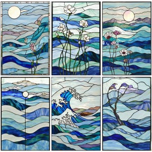 May include: Six stained glass panels showing tranquil scenes. Each panel features flowing water in shades of blue and white, with elements like flowers, a full moon, and a crashing wave. The panels are framed with dark lines.