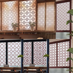 May include: A set of six window film panels with different geometric patterns. The panels are made of frosted glass and have a subtle, elegant design. The panels are perfect for adding privacy and style to any room.