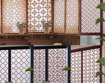 Adhesivo clásico chino personalizado para vidrio esmerilado: película decorativa de celosía opaca que filtra la luz y se adhiere de forma estática para baños y balcones