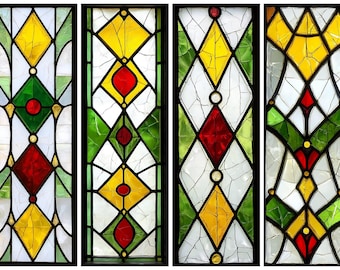 Película de privacidad para vitrales personalizada: rombos geométricos rojos, amarillos y verdes, decorativa estática para puertas y ventanas.