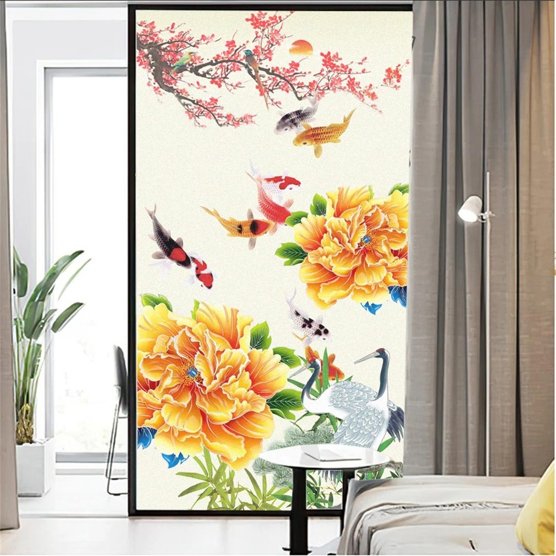Fish and Flower Privacy Window Film – Frosted Glass Sticker With Heat ...