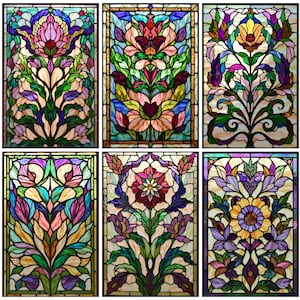 May include: Six stained glass panels with floral designs in various colours. Each panel features a different flower arrangement with green leaves, purple, pink, and yellow petals, and a dark border. The panels are rectangular and have a classic stained glass appearance.