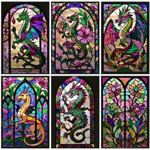 Maßgeschneiderte Glasmalerei-Fensterfolie - Wildes Drachendesign, gotischer mittelalterlicher Stil, Sichtschutzfolie für Badezimmer-, Tür- oder Bürodekoration