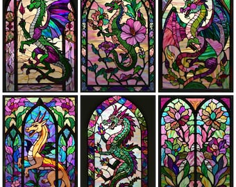 May include: Six stained glass panels featuring colorful dragons in arched frames. Each panel showcases a different dragon design with vibrant wings, scales, and floral accents. The panels are in shades of green, purple, pink, and yellow.