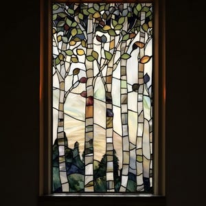 Custom Stained Glass Forest Window Film – Artistic Tree Privacy Cling for Kitchen, Bathroom, Door & Living Room Decorative Glass Panel