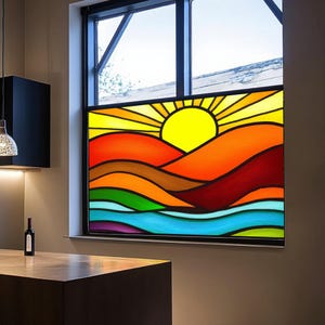 Rainbow Sunset Window Privacy Film Stained Glass Cling for Living Room Windows – Custom Size Decorative Static Vinyl for Glass Door or Panel